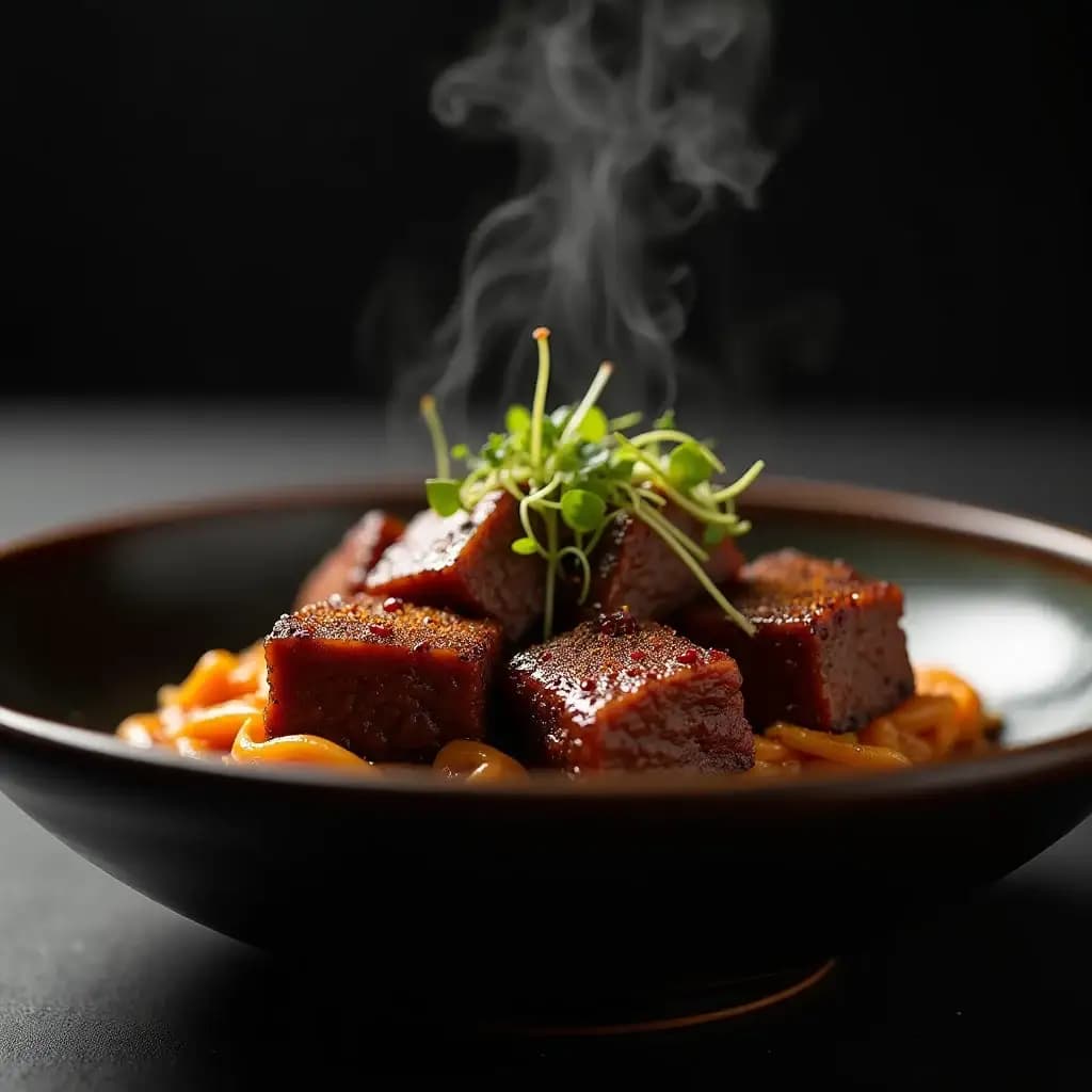 Мясо соте с пряностями и копченым ароматом в консистенции лукума
