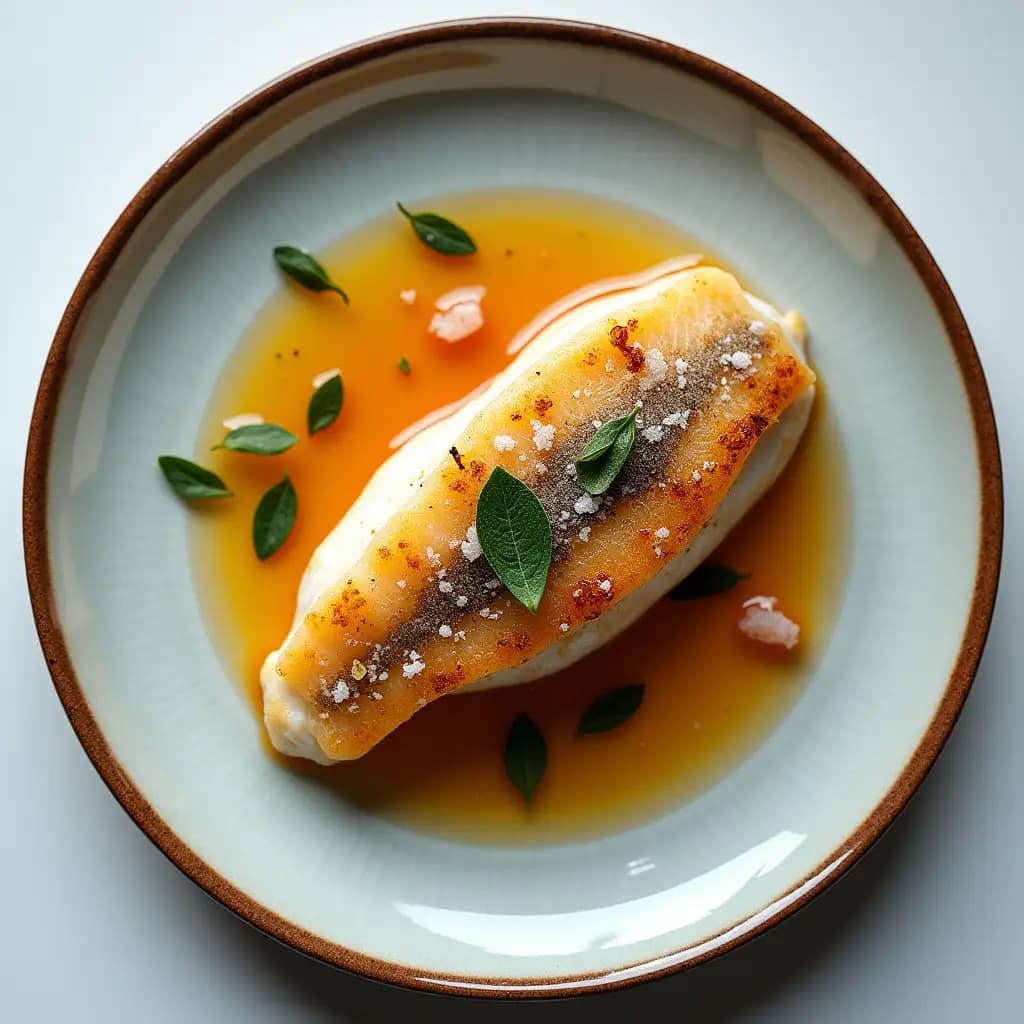 Gericht Wolfsbarsch mit Satsuma- und Salbe 소스