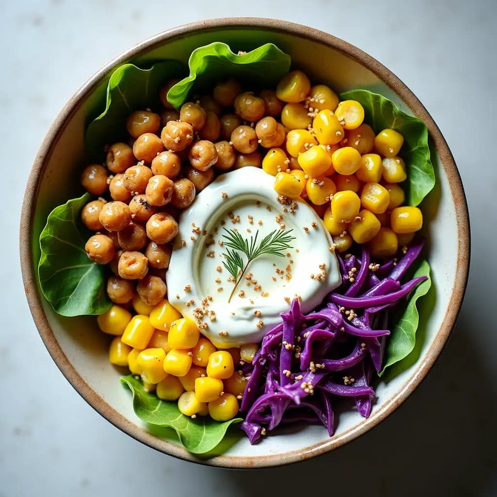 Nahrhafte Salat mit knusprigen Kichererbsen, Joghurt-Dressing und Gewürzen
