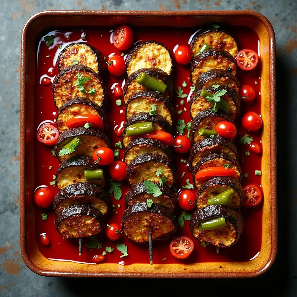 Im Ofen gebackener Auberginenkebab mit Thymian, Granatapfelsirup und rauchigem Touch