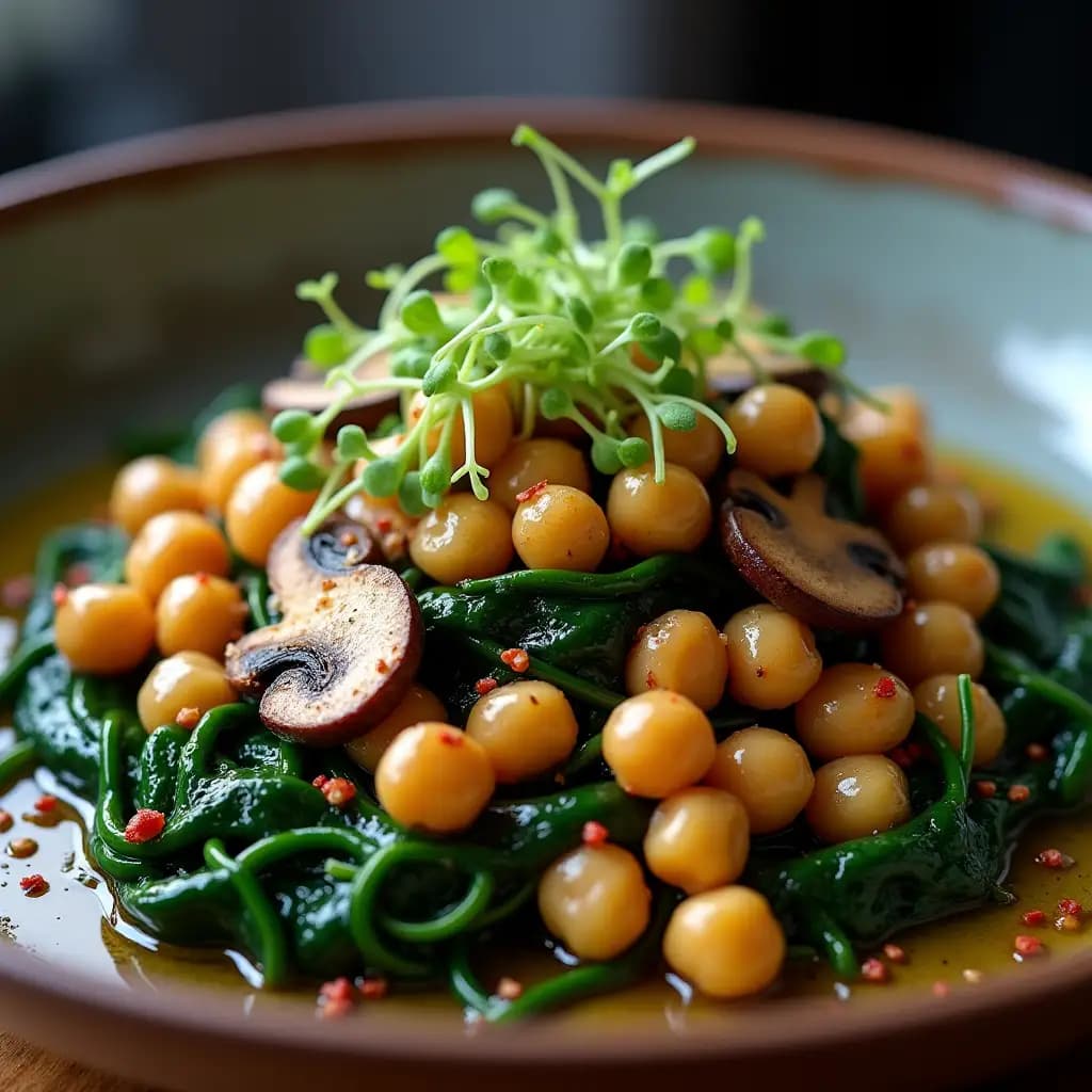 Guiso de Garbanzos con Espinacas y Champiñones Proteico sin Carne