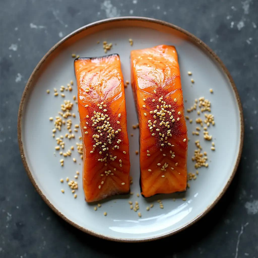 Gericht Lachs aus dem Ofen mit Sauce und Sesam