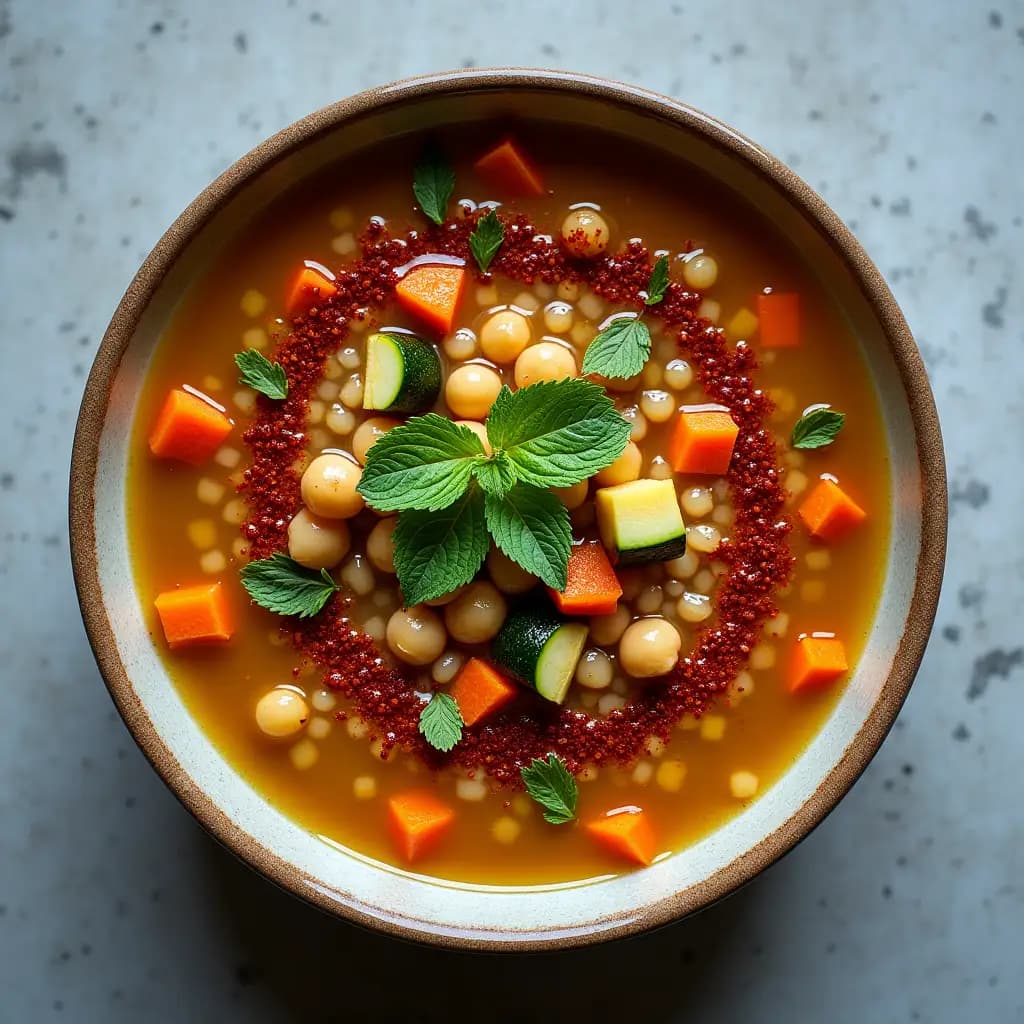 Plato de Sopa de vegetales con quinua y garbanzos