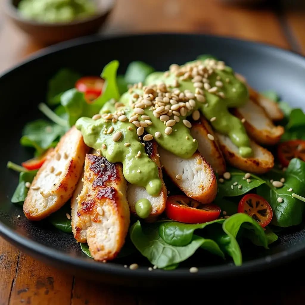 Gegrilltes Hähnchensalat mit Avocado-Dressing, Ingwer und Limette
