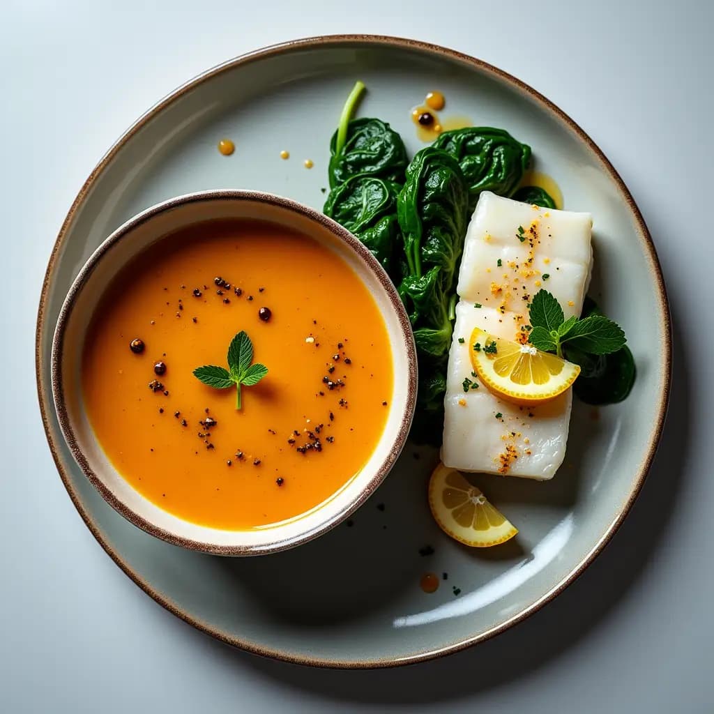 Linsensuppe, gedämpfter Barsch und Spinat
