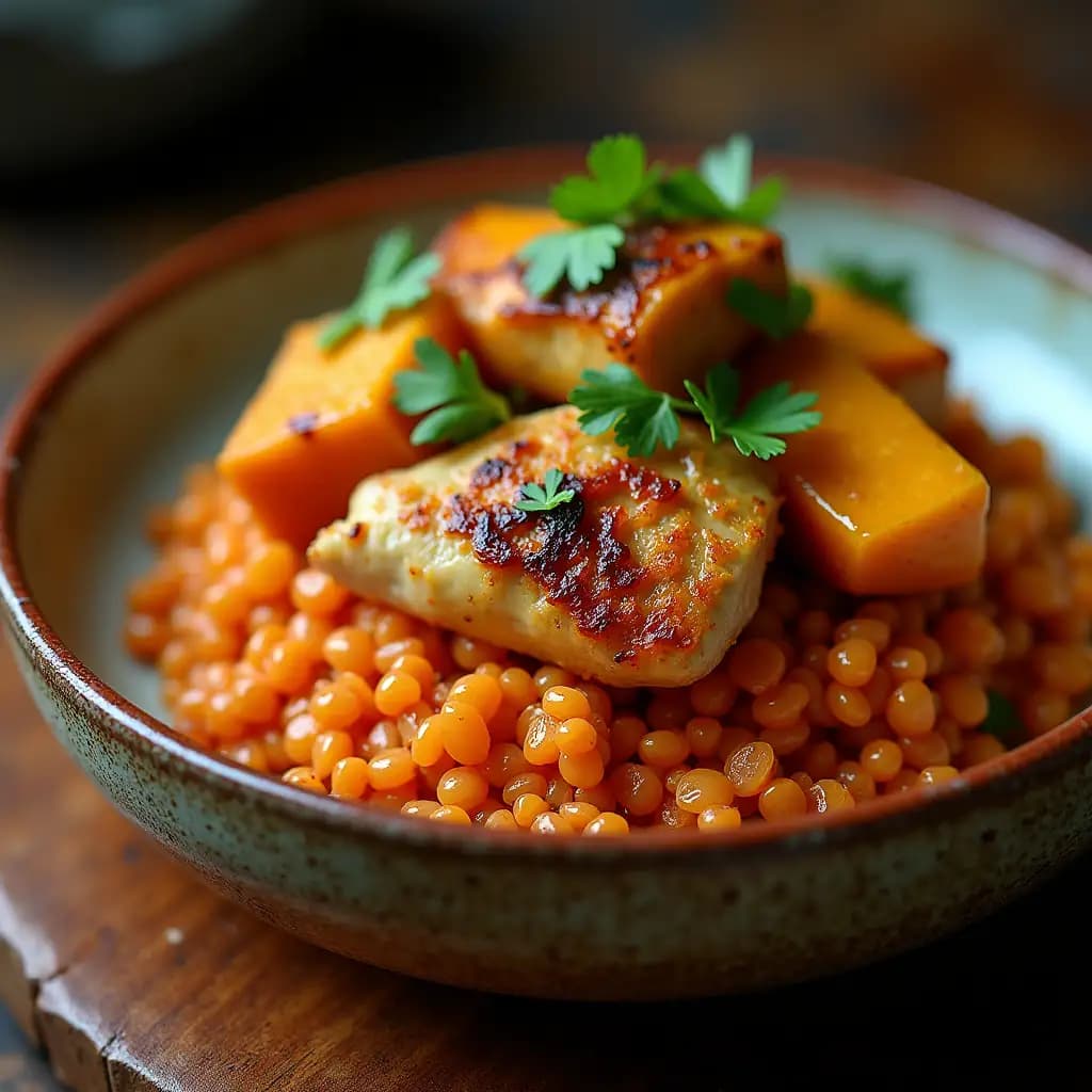 Roasted Pumpkin and Chicken Red Lentil Bowl