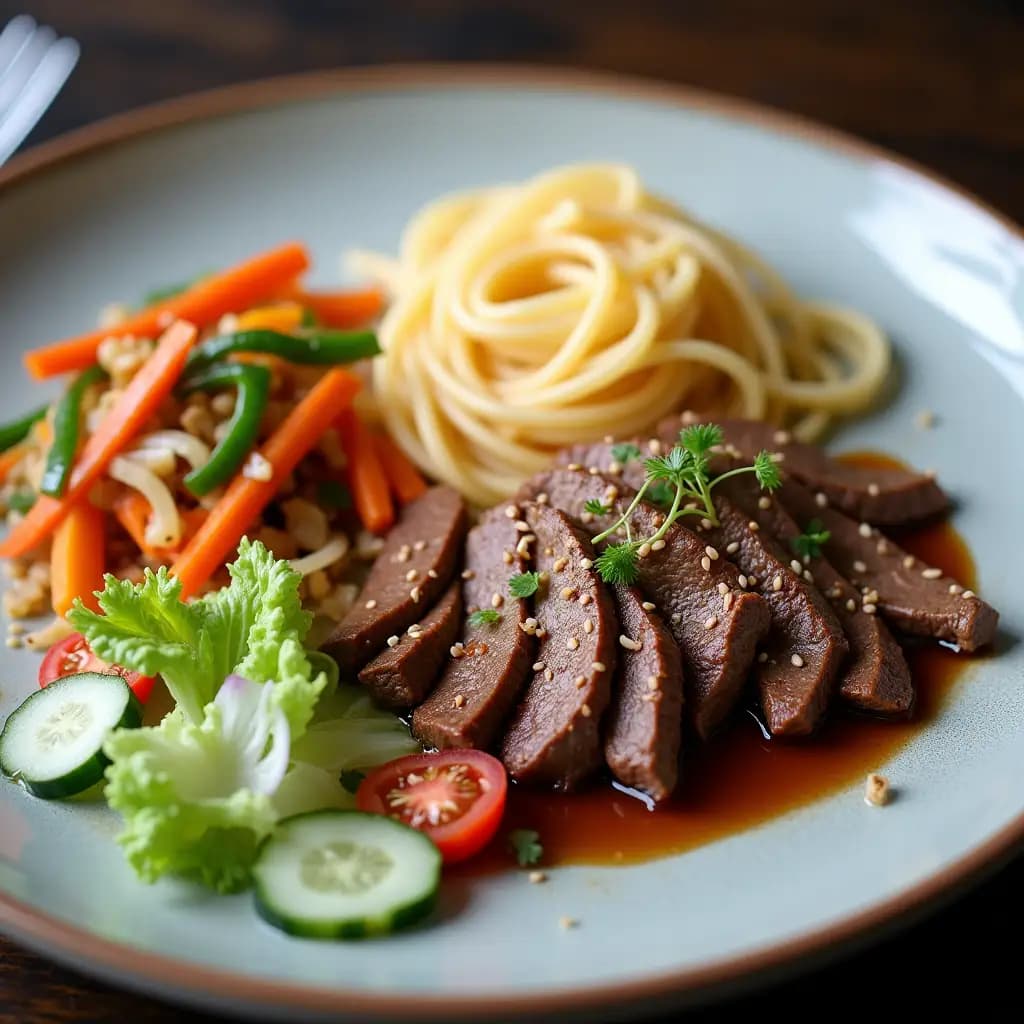 Spaghetti aux Légumes et Sauce Soja avec Salade Mixte