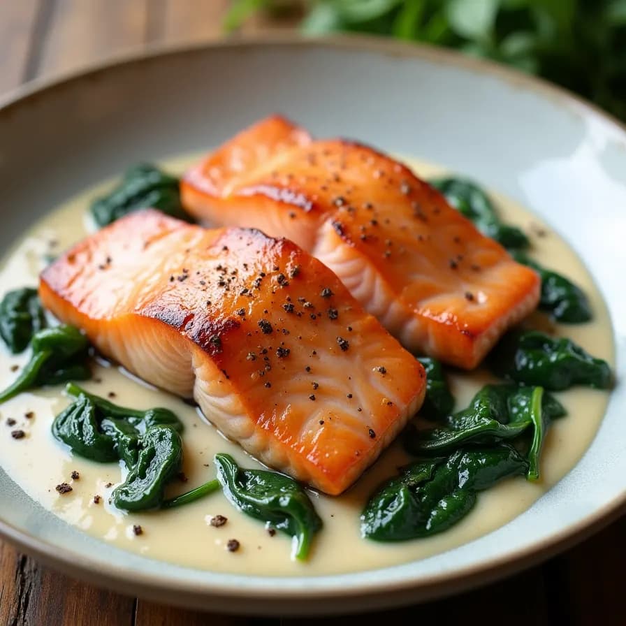 Lachs mit Spinat und Sahne