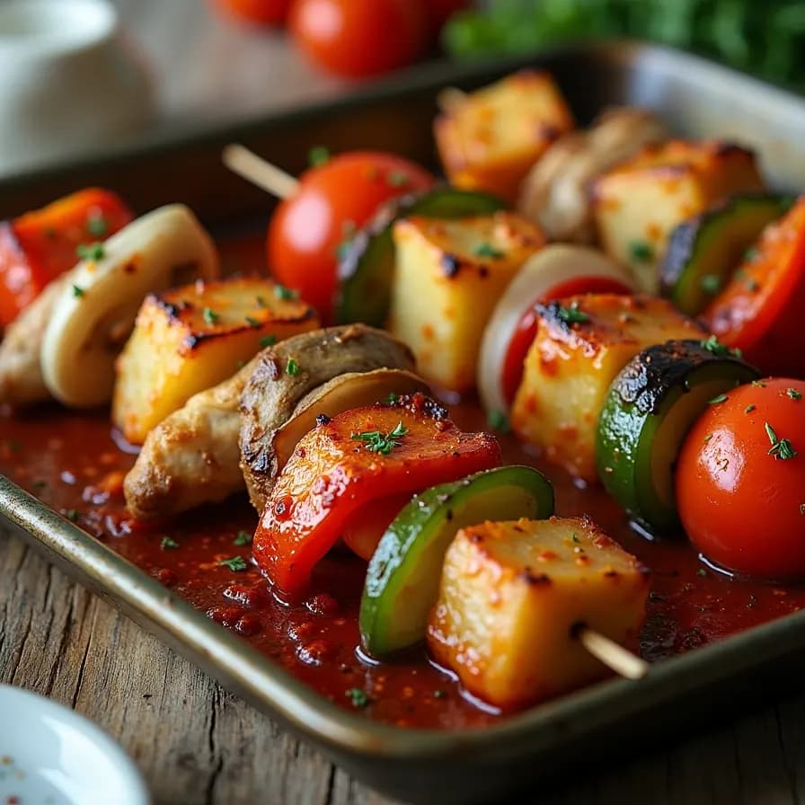 Brochettes de poulet aux légumes au four