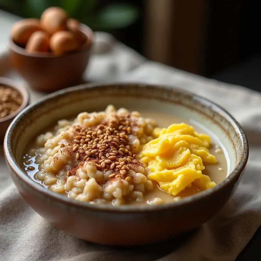 Frühstück mit Protein, Haferflocken und Eiern