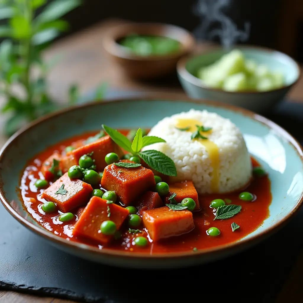 Erbsen mit Sojefleisch, Basmati-Reis und veganem Cacık
