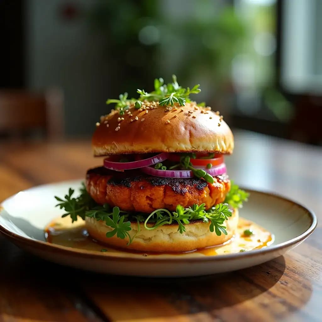 Gebackene Süßkartoffel-Burger mit geräuchertem Paprika und Tahini-Sauce mit Frühlingszwiebeln