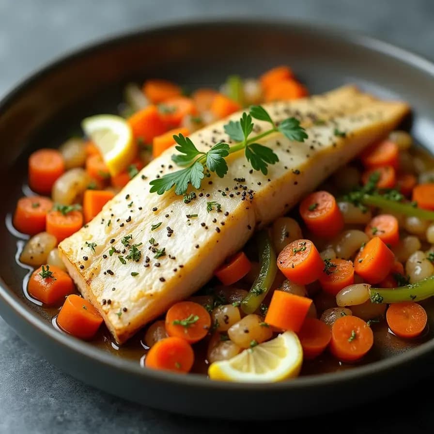 Baked Sea Bass with Vegetables and Raisins