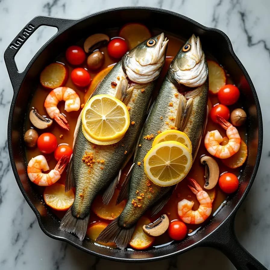 Сибас с овощами в духовке