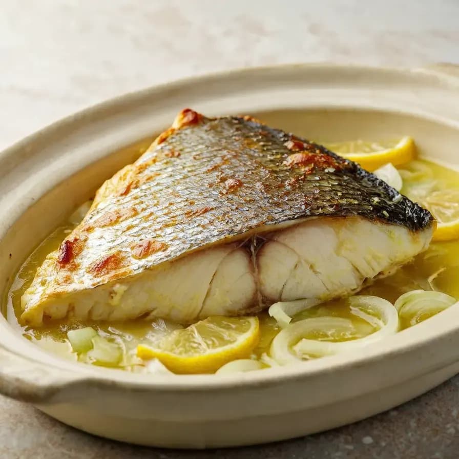Im Ofen gebackener Wolfsbarsch mit Zitrone und Knoblauch