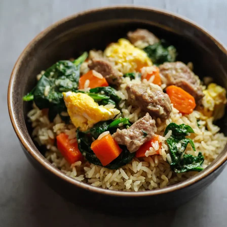 Korean Style Protein-Bowl mit braunem Reis und Gemüse