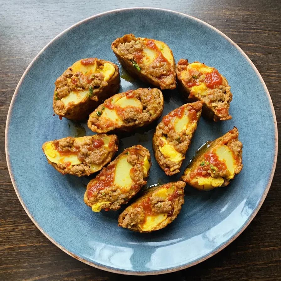 Albóndigas de carne sobre base de patatas al horno