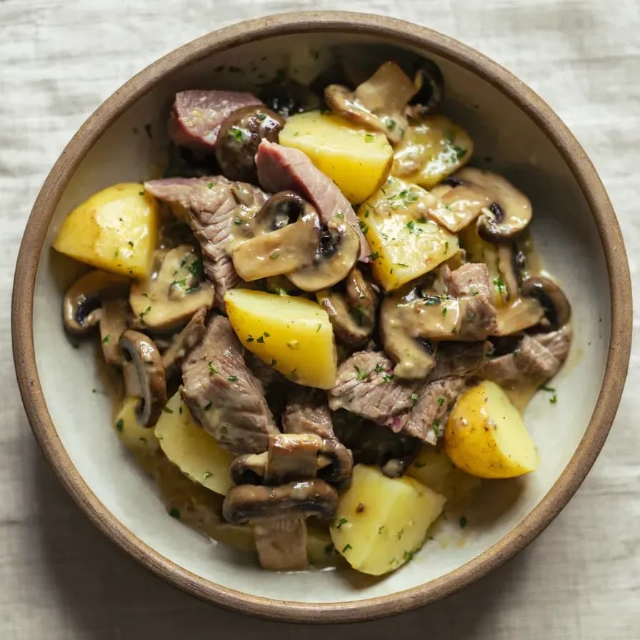 Filet de bœuf à la sauce aux champignons et salade de pommes de terre
