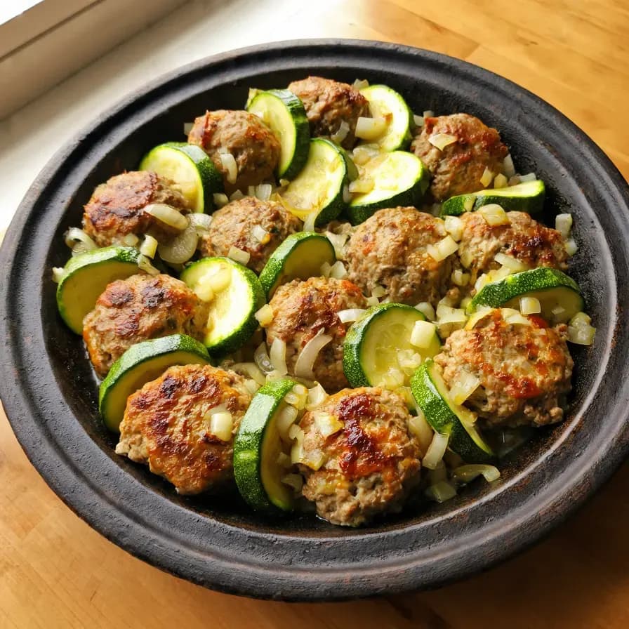 Zucchini mit Fleischbällchen und Tomatenmark aus dem Ofen