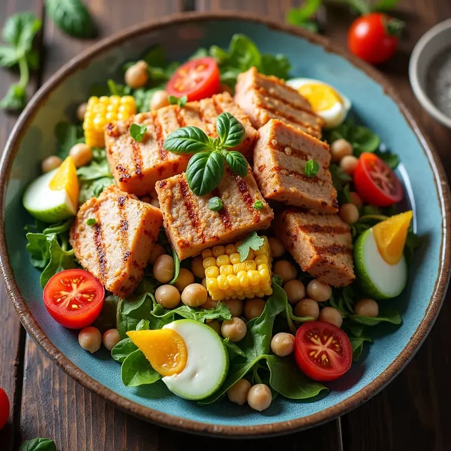 Sättigender Salat mit Hähnchen und Thunfisch, reich an Protein