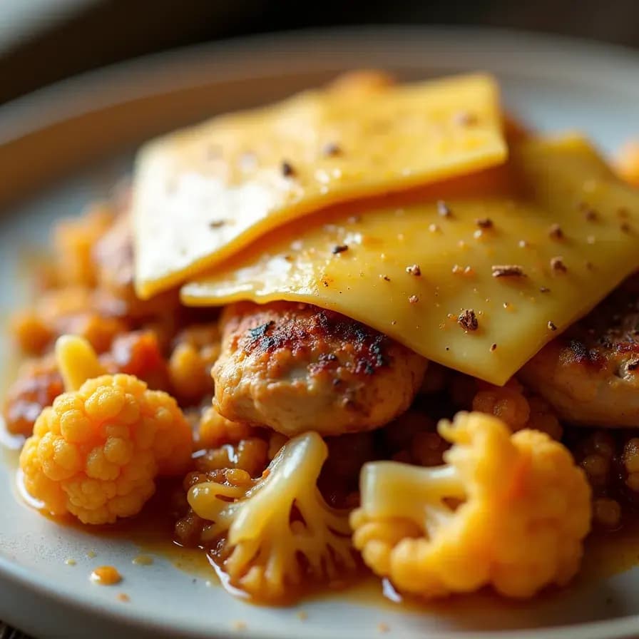 Pollo práctico sobre cama de coliflor